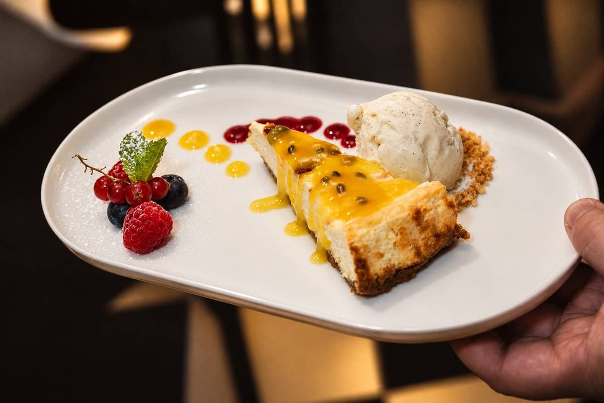 Slice of cheesecake with passion fruit, vanilla ice cream and berries on an oval plate, held in the hand
