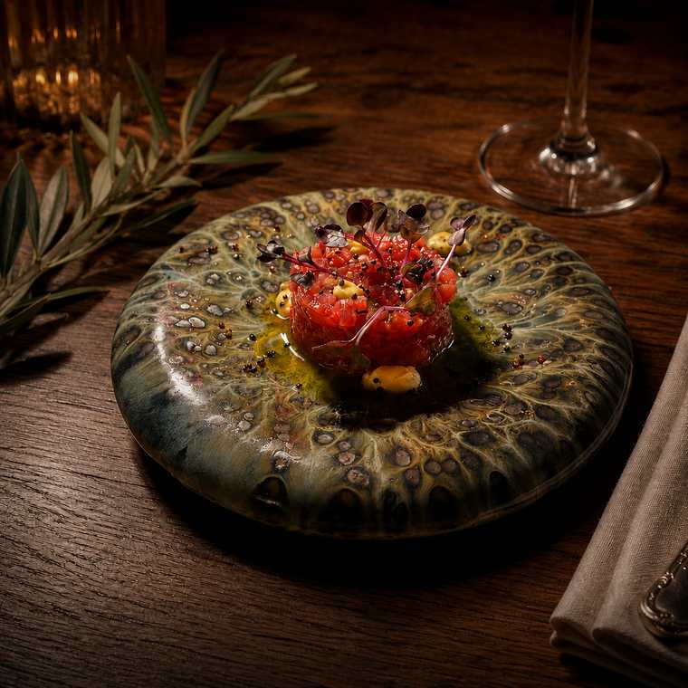 Red-fish tartare with microgreens on dark glazed ceramic