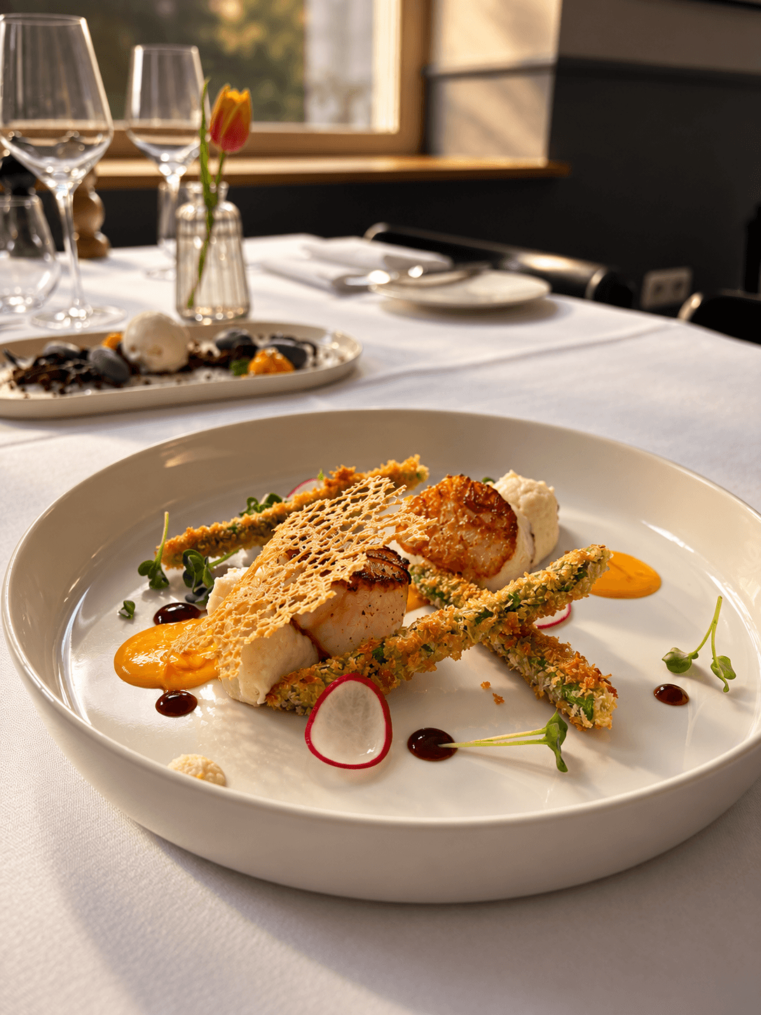 Fish dish with green asparagus and a crisp lattice