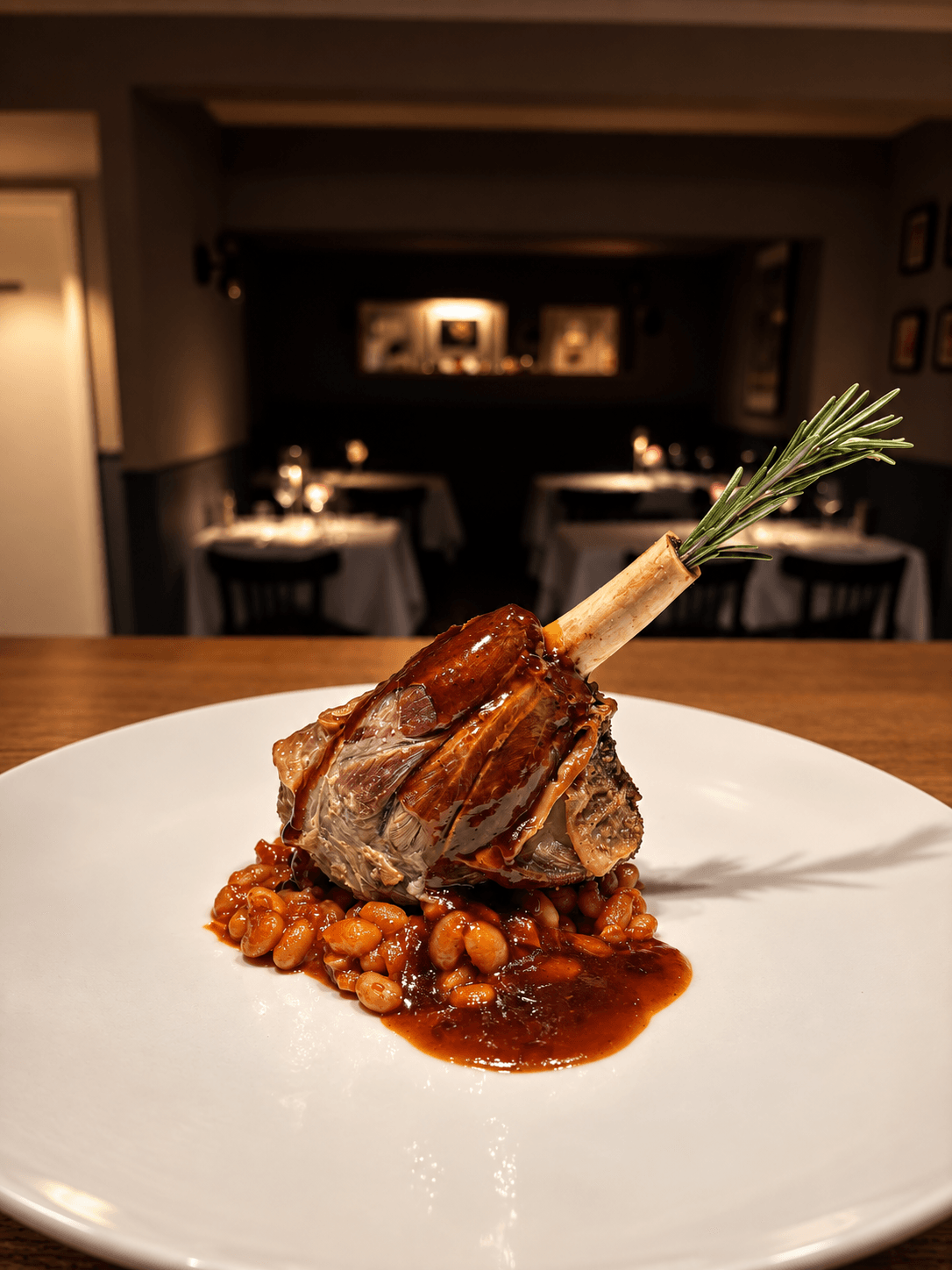 Lamb shank with beans and rosemary on a white plate
